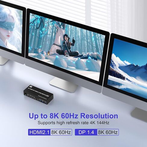8K @ 60 هرتز KVM Switch 3 شاشات 4 أجهزة كمبيوتر 4K @ 144 هرتز، 2 DisplayPort +1 HDMI KVM Switch شاشة ثلاثية لـ 4 أجهزة كمبيوتر مع صوت و3 منافذ USB 3.0، 3 مفاتيح KVM للشاشات ومحول ماوس لوحة المفاتيح in Kuwait