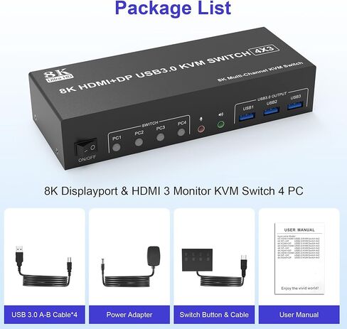 8K @ 60 هرتز KVM Switch 3 شاشات 4 أجهزة كمبيوتر 4K @ 144 هرتز، 2 DisplayPort +1 HDMI KVM Switch شاشة ثلاثية لـ 4 أجهزة كمبيوتر مع صوت و3 منافذ USB 3.0، 3 مفاتيح KVM للشاشات ومحول ماوس لوحة المفاتيح in Kuwait