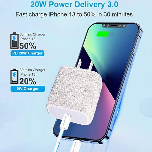 USB C Charger Fast Charger Block PD 20W Type C Wall Charger Bling Decors Compatible for iPhone 13/13 Mini/13 Pro/13 Pro Max/12 Pro Max/SE/11, Pixel, Galaxy S20 S10 S9 in Kuwait
