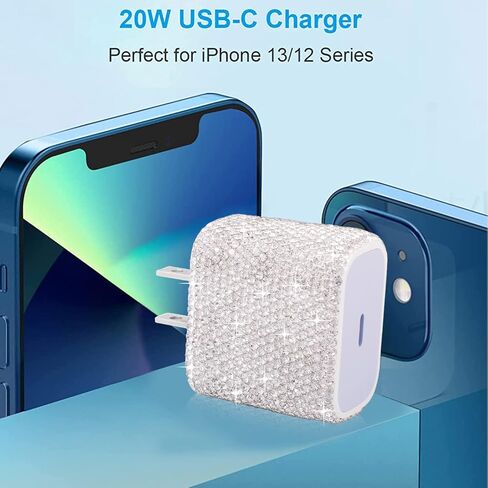 USB C Charger Fast Charger Block PD 20W Type C Wall Charger Bling Decors Compatible for iPhone 13/13 Mini/13 Pro/13 Pro Max/12 Pro Max/SE/11, Pixel, Galaxy S20 S10 S9 in Kuwait