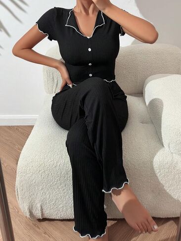 COZYEASE Women's 2 Piece Pajamas Set Button Down Short Sleeve Crop Tees and High Waist Long Pant Set Sleepwear in Saudi Arabia