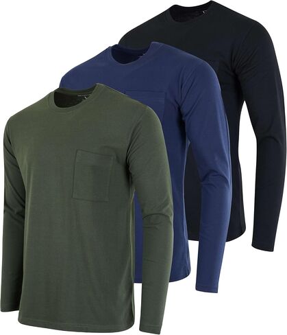 Real Essentials 3 Pack: Men's Cotton Long Sleeve Crew Neck T-Shirt with Pocket - Soft Work Casual Jersey Tees (Big & Tall) in Kuwait