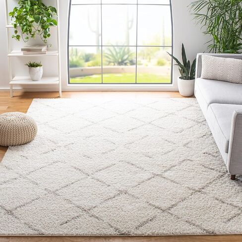 سجادة منطقة SAFAVIEH Arizona Shag - 20.32 سم × 25.4 سم، عاجي وبيج، تصميم ماسي مغربي، لا يتساقط ويسهل العناية به، سمك 1.6 بوصة مثالي للمناطق ذات الحركة العالية في غرفة المعيشة وغرفة النوم (ASG743A) in Saudi Arabia
