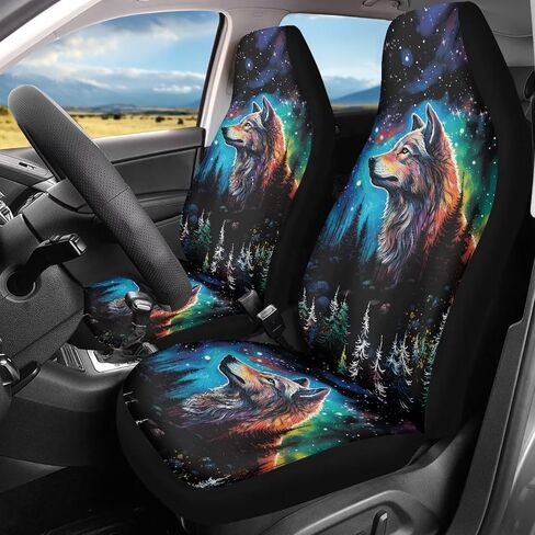 Galaxy Forest Wolf Print Car Seat Covers for Women Men, 2 Piece 3D Wolf Bucket Automotive Seat Protector Covers Universal Fit for SUV Sedan Van in Saudi Arabia