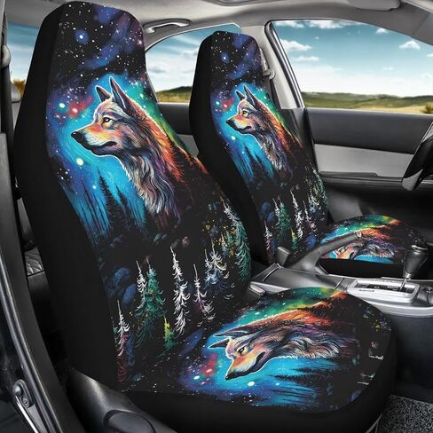 Galaxy Forest Wolf Print Car Seat Covers for Women Men, 2 Piece 3D Wolf Bucket Automotive Seat Protector Covers Universal Fit for SUV Sedan Van in Saudi Arabia