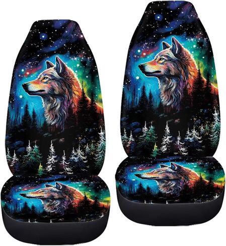 Galaxy Forest Wolf Print Car Seat Covers for Women Men, 2 Piece 3D Wolf Bucket Automotive Seat Protector Covers Universal Fit for SUV Sedan Van in Saudi Arabia