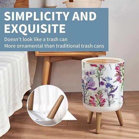 Press Cover Round Trash Bin with Legs Seamless Floral with Flowers Drawing and Painting Push Top Trash Can with Lid Dog Proof Garbage Can Wastebasket for Living Room 7L/1.8 Gallon in Saudi Arabia