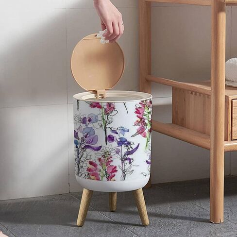 Press Cover Round Trash Bin with Legs Seamless Floral with Flowers Drawing and Painting Push Top Trash Can with Lid Dog Proof Garbage Can Wastebasket for Living Room 7L/1.8 Gallon in Saudi Arabia