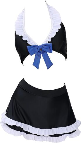 MEOWCOS Gothic Swimwear Set Black Halter Top and Mini Skirt with Striped Stockings in Saudi Arabia