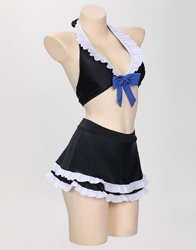 MEOWCOS Gothic Swimwear Set Black Halter Top and Mini Skirt with Striped Stockings in Saudi Arabia