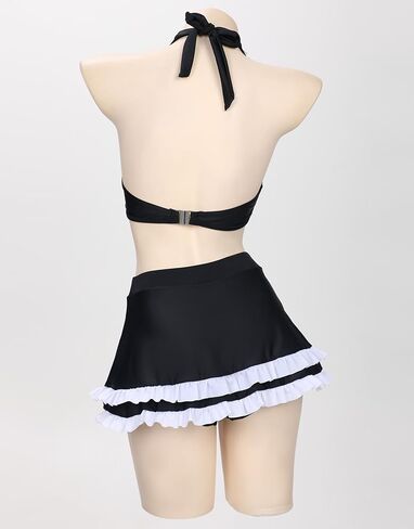 MEOWCOS Gothic Swimwear Set Black Halter Top and Mini Skirt with Striped Stockings in Saudi Arabia