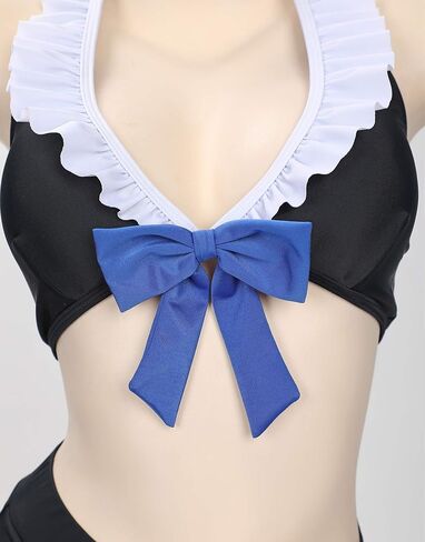 MEOWCOS Gothic Swimwear Set Black Halter Top and Mini Skirt with Striped Stockings in Saudi Arabia