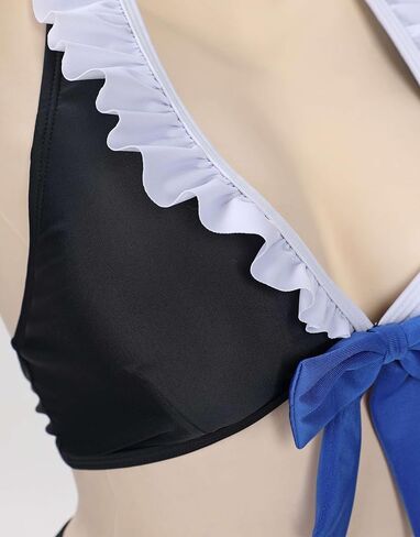 MEOWCOS Gothic Swimwear Set Black Halter Top and Mini Skirt with Striped Stockings in Saudi Arabia