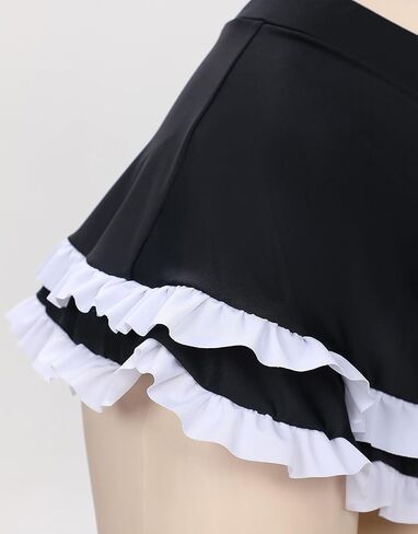 MEOWCOS Gothic Swimwear Set Black Halter Top and Mini Skirt with Striped Stockings in Saudi Arabia