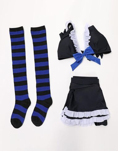 MEOWCOS Gothic Swimwear Set Black Halter Top and Mini Skirt with Striped Stockings in Saudi Arabia