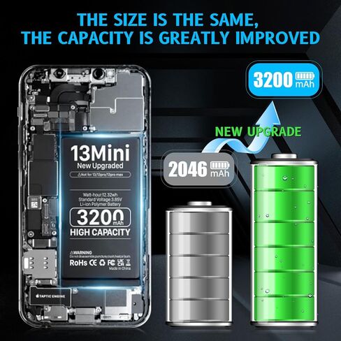 3200mAh Battery for iPhone 13 mini (New Version 2024) Ultra-high Capacity Replacement 0 Cycle Battery Compatible Models A2628, A2481, A2626, A2629, A2630 and a Complete Professional Repair Tool kit in Kuwait
