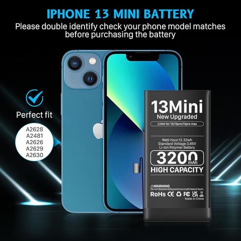 3200mAh Battery for iPhone 13 mini (New Version 2024) Ultra-high Capacity Replacement 0 Cycle Battery Compatible Models A2628, A2481, A2626, A2629, A2630 and a Complete Professional Repair Tool kit in Kuwait