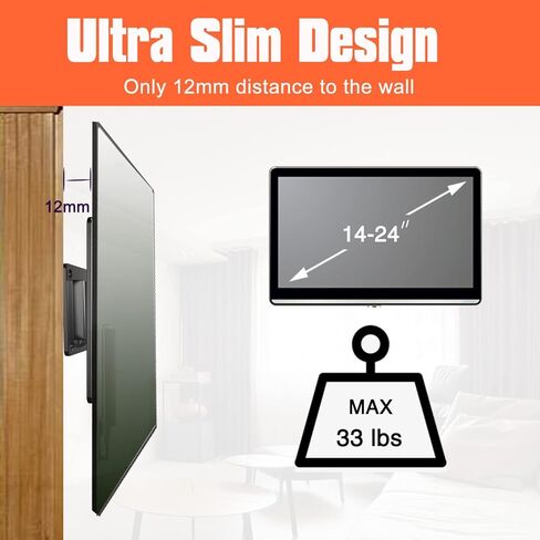 شاشة تثبيت على الحائط لمعظم شاشات التلفاز مقاس 14-24 بوصة، تصميم نحيف منخفض يناسب شاشات 13 15 17 19 20 21.5 24 بوصة مقاس يصل إلى 100 × 100 مم ويتحمل ما يصل إلى 33 رطلًا، دعامة تثبيت صغيرة للشاشة in Kuwait