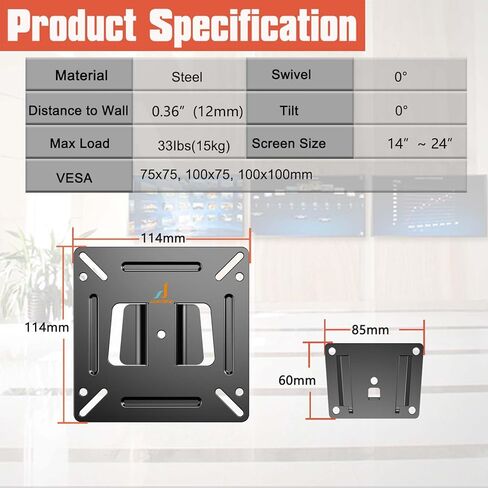 شاشة تثبيت على الحائط لمعظم شاشات التلفاز مقاس 14-24 بوصة، تصميم نحيف منخفض يناسب شاشات 13 15 17 19 20 21.5 24 بوصة مقاس يصل إلى 100 × 100 مم ويتحمل ما يصل إلى 33 رطلًا، دعامة تثبيت صغيرة للشاشة in Kuwait