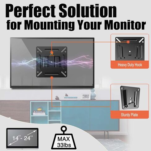 شاشة تثبيت على الحائط لمعظم شاشات التلفاز مقاس 14-24 بوصة، تصميم نحيف منخفض يناسب شاشات 13 15 17 19 20 21.5 24 بوصة مقاس يصل إلى 100 × 100 مم ويتحمل ما يصل إلى 33 رطلًا، دعامة تثبيت صغيرة للشاشة in Kuwait