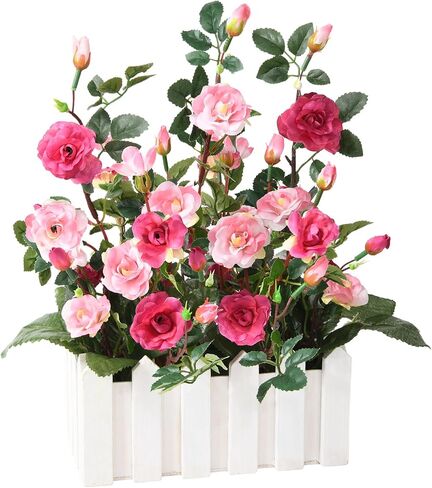 Artificial Flower Plant for Spring Decorations,Potted Fake Rose,Faux Plant in Picket Fence Pot for Indoor Home Office Window Decor,1 Set（Rose red） in Saudi Arabia