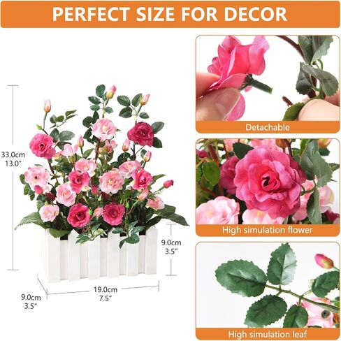 Artificial Flower Plant for Spring Decorations,Potted Fake Rose,Faux Plant in Picket Fence Pot for Indoor Home Office Window Decor,1 Set（Rose red） in Saudi Arabia