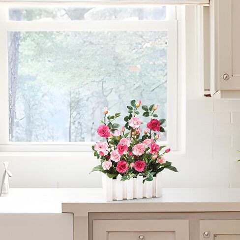 Artificial Flower Plant for Spring Decorations,Potted Fake Rose,Faux Plant in Picket Fence Pot for Indoor Home Office Window Decor,1 Set（Rose red） in Saudi Arabia
