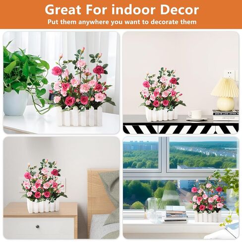 Artificial Flower Plant for Spring Decorations,Potted Fake Rose,Faux Plant in Picket Fence Pot for Indoor Home Office Window Decor,1 Set（Rose red） in Saudi Arabia