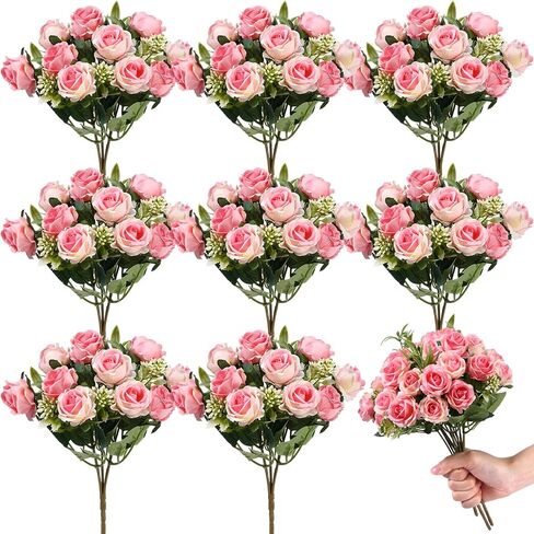 Zeyune 8 Bunches 12 in Artificial Mini Rose Bouquet Bridal Flower Bouquets Fake Roses Silk Roses for Home Office Garden Parties Wedding Mother's Day Decoration (Blue and White) in Saudi Arabia