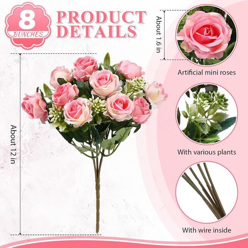 Zeyune 8 Bunches 12 in Artificial Mini Rose Bouquet Bridal Flower Bouquets Fake Roses Silk Roses for Home Office Garden Parties Wedding Mother's Day Decoration (Blue and White) in Saudi Arabia