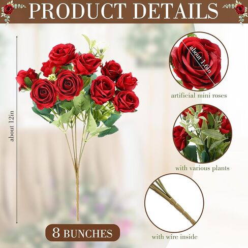 Zeyune 8 Bunches 12 in Artificial Mini Rose Bouquet Bridal Flower Bouquets Fake Roses Silk Roses for Home Office Garden Parties Wedding Mother's Day Decoration (Blue and White) in Saudi Arabia