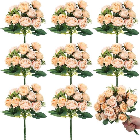 Zeyune 8 Bunches 12 in Artificial Mini Rose Bouquet Bridal Flower Bouquets Fake Roses Silk Roses for Home Office Garden Parties Wedding Mother's Day Decoration (Blue and White) in Saudi Arabia