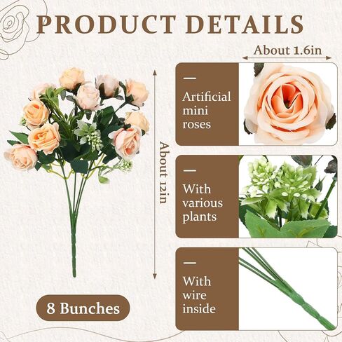 Zeyune 8 Bunches 12 in Artificial Mini Rose Bouquet Bridal Flower Bouquets Fake Roses Silk Roses for Home Office Garden Parties Wedding Mother's Day Decoration (Blue and White) in Saudi Arabia