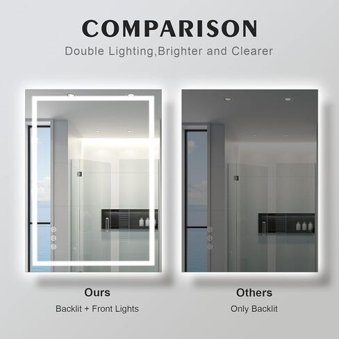 مرآة حمام LED للجدار مقاس 40 × 30 بوصة مع أضواء أمامية وخلفية، مرآة زينة مزدوجة LED مع أضواء، مضادة للضباب، مقاومة للكسر، ذاكرة، مرايا حائط قابلة للتعتيم بدون خطوات in Kuwait