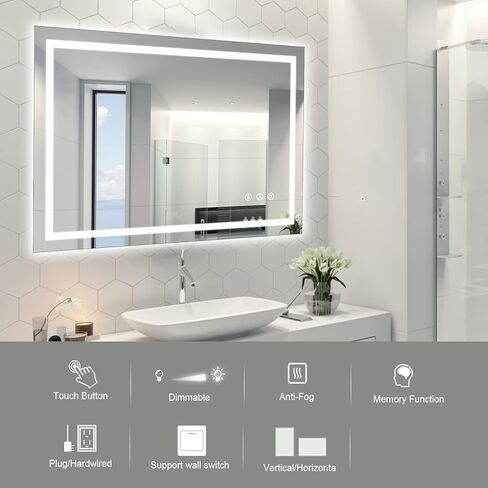 مرآة حمام LED للجدار مقاس 40 × 30 بوصة مع أضواء أمامية وخلفية، مرآة زينة مزدوجة LED مع أضواء، مضادة للضباب، مقاومة للكسر، ذاكرة، مرايا حائط قابلة للتعتيم بدون خطوات in Kuwait