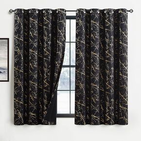 Metro Parlor Full Blackout Marble Metallic Curtains 84 Inches Long 2 Panels for Living Room Bedroom Beige Gold Patterned Room Darkening Thermal Insulated Grommet Top Window Treatment Drapes, 52x84