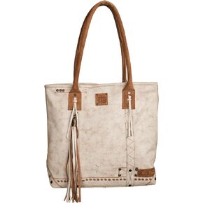 STS Ranchwear Cremello Women's Crackled Full Grain Leather & Soft Suede Zip Top Closure Tote Bag, White/Tan