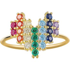 LOVECOM 925 Sterling Silver Heart Rings With Colorful Zircon for Women Luxury Rainbow Love Heart Statement Wedding Bands Finger Rings Jewelry Birthday Graduation Gifts for Her