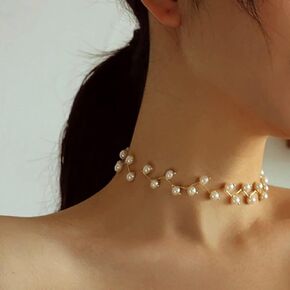 Bohemian Vintage Pearl Choker Necklace Dipped Satellite Beaded Wave Necklace Boho Collar Necklace Prom Party Festival Accessories for Women Tens Girls