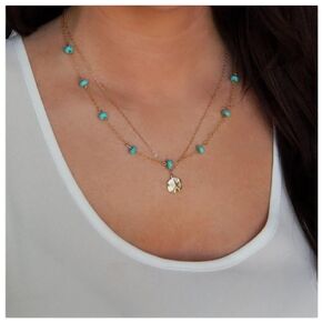 Boho Layered Turquoise Choker Necklace hammered Coin Pendant Necklace Turquoise Bead Necklace Chain Gold Disc Necklace Jewelry for Women and Girls