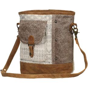 Myra Bag Tribal Stripe Front Pocket Upcycled Canvas & Cowhide Leather Shoulder Bag S-1232, Brown, One Size