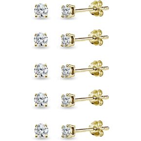 5-Pair Set Sterling Silver Cubic Zirconia 5mm Round Stud Earrings