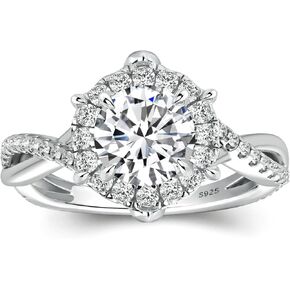 1.0CT VVS D-Color Moissanite Engagement Ring,Classic Round Brilliant Cut Halo Split Twist Shank 925 Sterling Silver Promise Ring