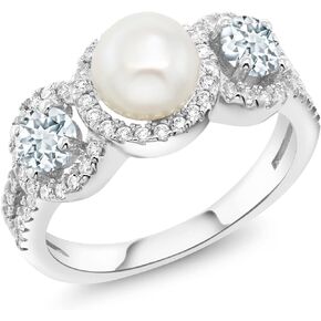 Gem Stone King 925 Sterling Silver Cultured Freshwater Pearl and Sky Aquamarine Engagement Ring For Women (1.24 Cttw, Available 5,6,7,8,9)