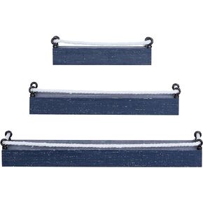 Deco 79 Wood 3 Shelves Wall Shelf with Knotted Rope, Set of 3 32", 25", 17"W, Blue