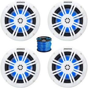 زوجان (الكمية 4) من مكبرات الصوت Kicker KM مقاس 6.5 بوصة بقدرة 150 وات من مكبرات الصوت البحرية البيضاء مع إضاءة LED زرقاء وسلك مكبر الصوت in Kuwait