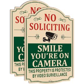 No Soliciting Smile You’re on Camera Signs 12"x 8" Video Surveillance Signs Warning Signs for Property Security Camera Signs for Home Business Rust Free Aluminum, Easy to Install, 2 Pack