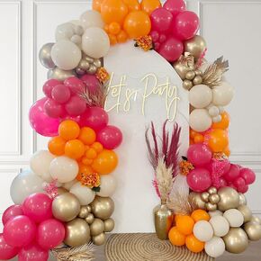 144Pcs Hot Pink and Orange Balloon Arch Garland Kit,Bright Pastel Pink Orange White Sand Metallic Gold Balloons for Boho Birthday Hawaii Tropical Baby Bridal Shower Wedding Party Decorations