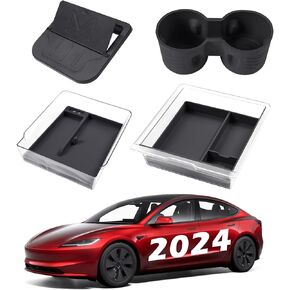 4PCS 2024 Center Console Organizer Tray Compatible with Model 3 Highland Accessories 2024 Cup Holder Insert Armrest Hidden Storage Box Armrest Storage Box Tray Interior Accessories