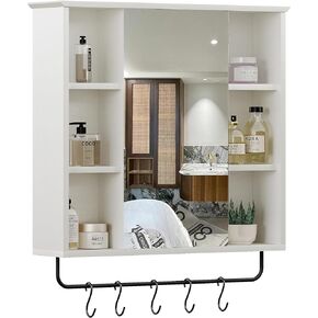 ChooChoo Medicine Cabinet with Mirror, Wall Mounted Bathroom Storage Cabinet with Mirror Door, Removable Shelves and 6 Open Shelves, Grey